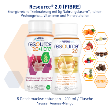 Zwei Flaschen Resource® 2.0 Fibre Trinknahrung mit Geschmacksicons.