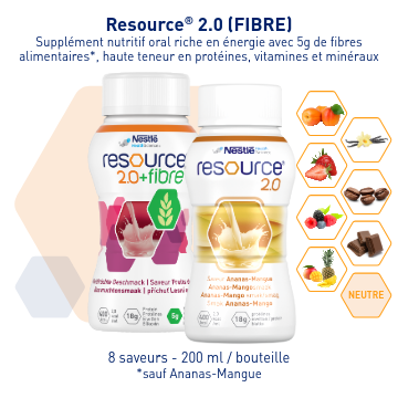Deux bouteilles Resource® 2.0 Fibre avec icônes de saveurs.