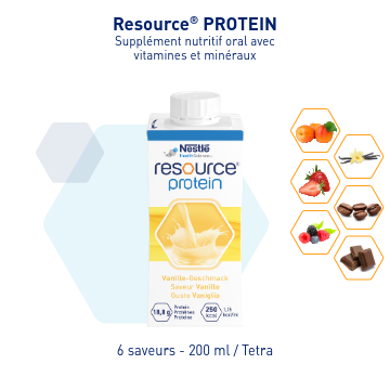 Brique de boisson Resource® Protein avec icônes de saveurs.