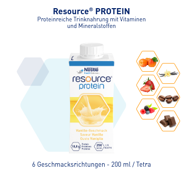 Produktabbildung eines Resource® Protein Trinknahrungs‑Tetra‑Packs mit Geschmacksicons.