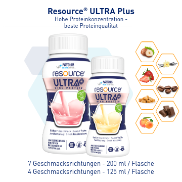 Zwei Flaschen Resource® Ultra Plus Trinknahrung mit Geschmacksicons.