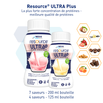 Deux bouteilles Resource® Ultra Plus avec icônes de saveurs.