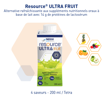 Brique Resource® Ultra Fruit avec icônes de saveurs.