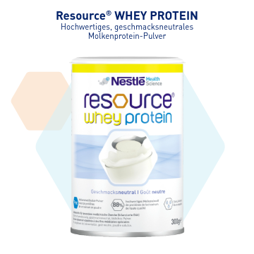 Dose Resource® Whey Protein Pulver vor schlichtem Hintergrund.